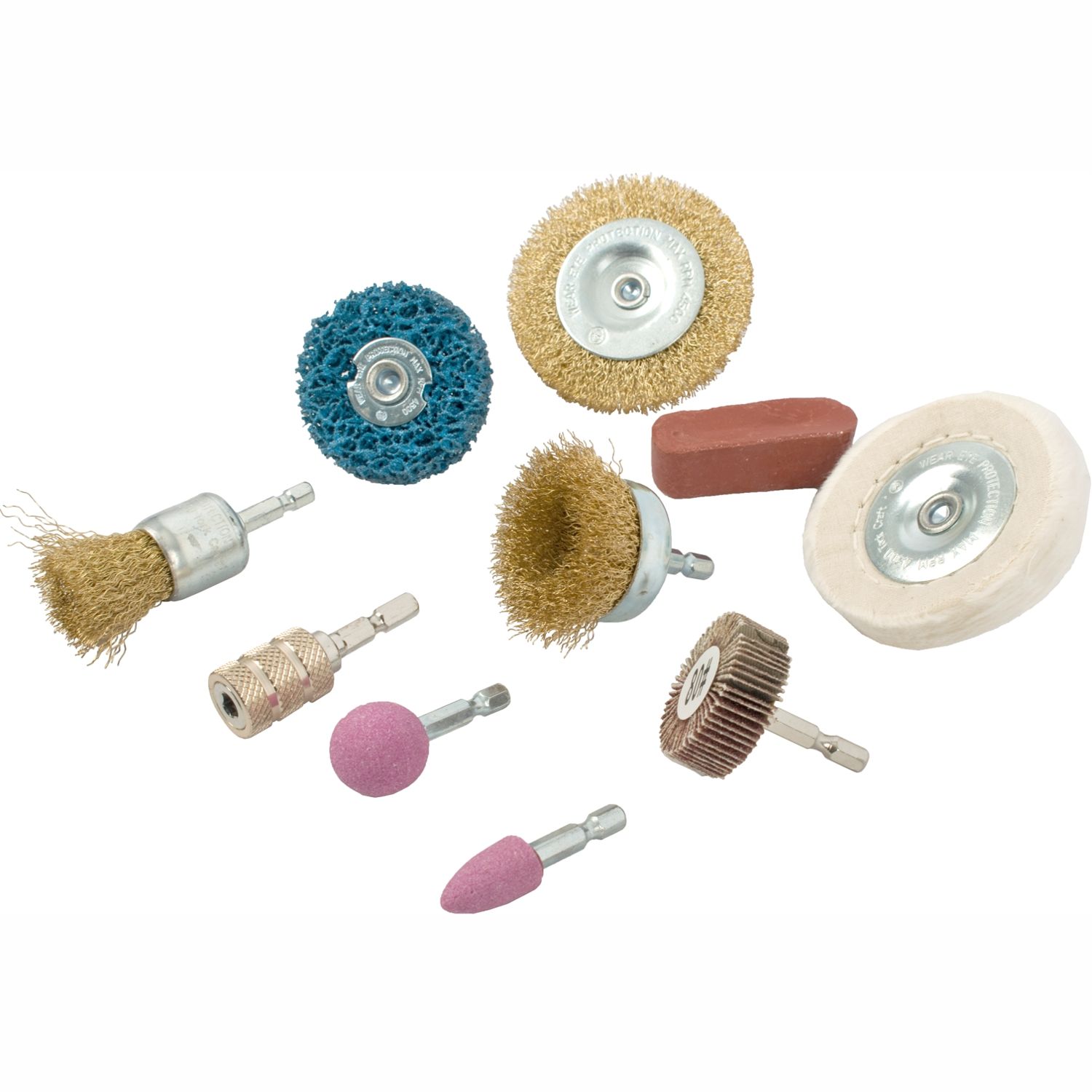 WIRE BRUSH SET 10 PIECE WITH HEX SHANK &amp; BUFF KIT FOR DRILL