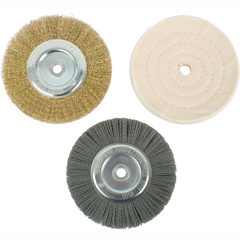 BENCH GRINDER SET 150MM 3PCE 1 x WIRE 1 x BUFF 1 x NYLON WHEEL