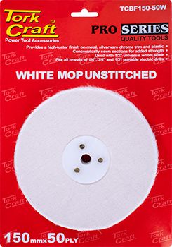 WHITE BUFF/MOP UNSTITCHED 150 X 50PLY X 1/2&#39; HOLE