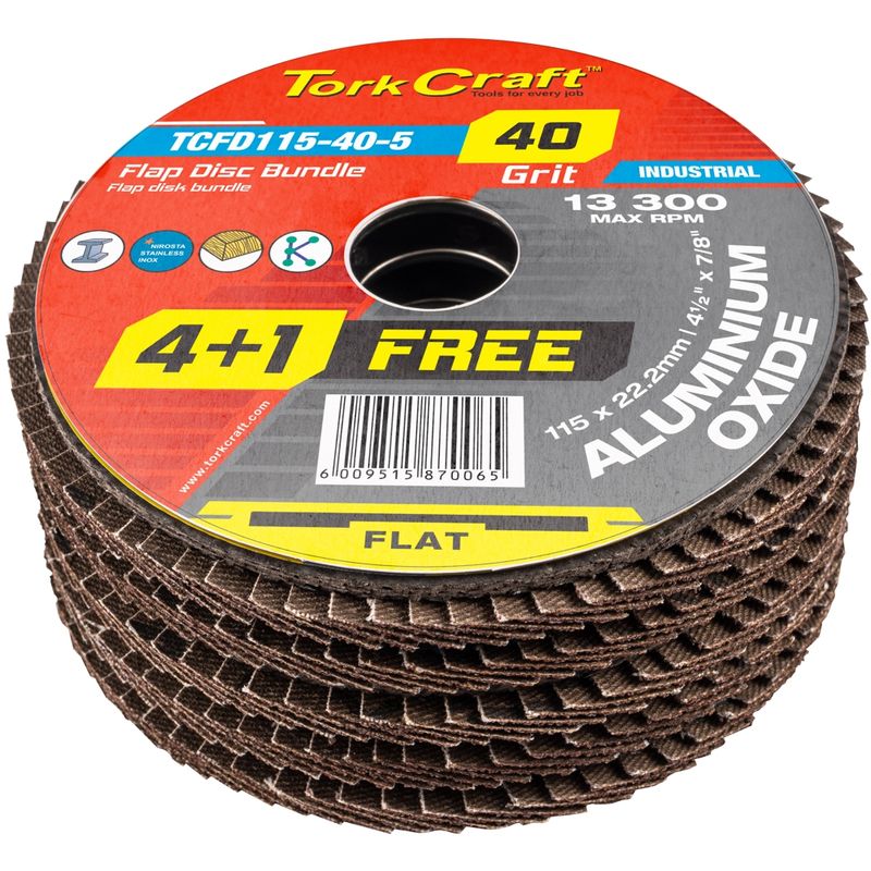 FLAP SANDING DISC 115MM 40GRIT 4+1 FREE A/O