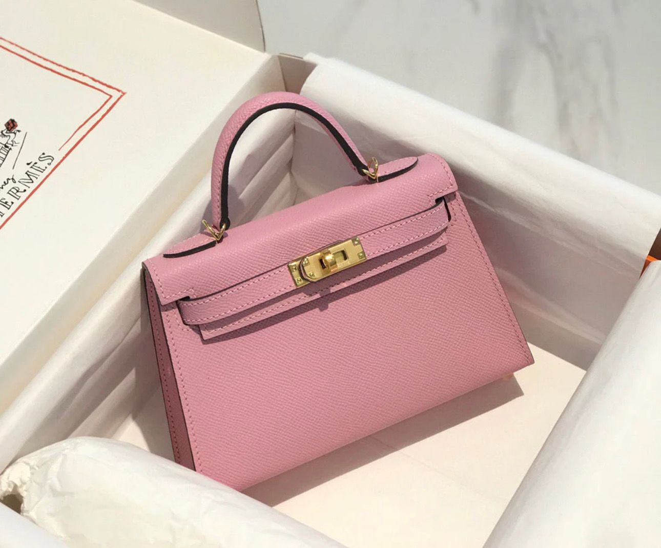 Mini Kelly Pink Leather Gold Hardware