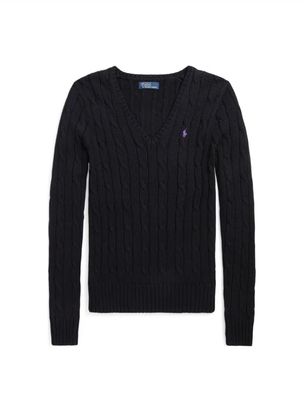 Ralph Lauren Women's Cable-Knit V-neck Jumper - Black With Purple Logo