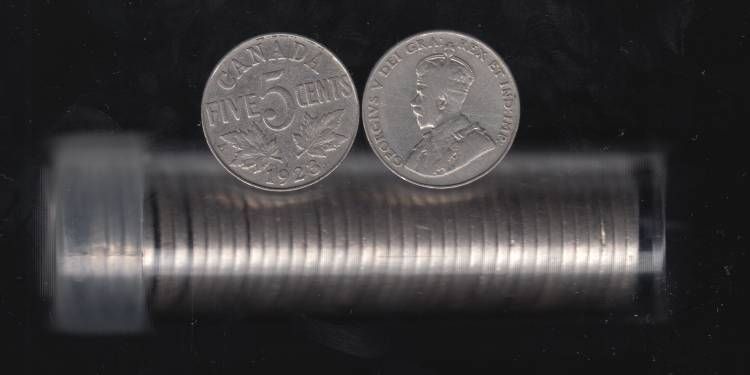 ​1923 – Canada – Rouleau de 5 Cents (40 pièces circulées) – Emballage Tube de Plastique