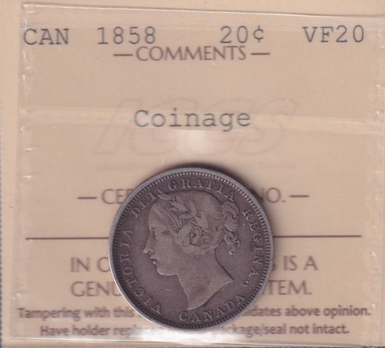 1858 - VF 20 - Coinage - ICCS - Canada 20 Cents