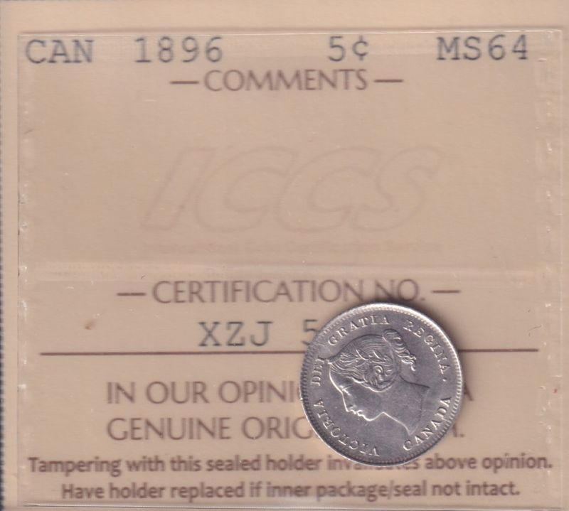 1896 – MS 64 – ICCS – 5 Cents Argent Sterling .925 Monnaies Canada