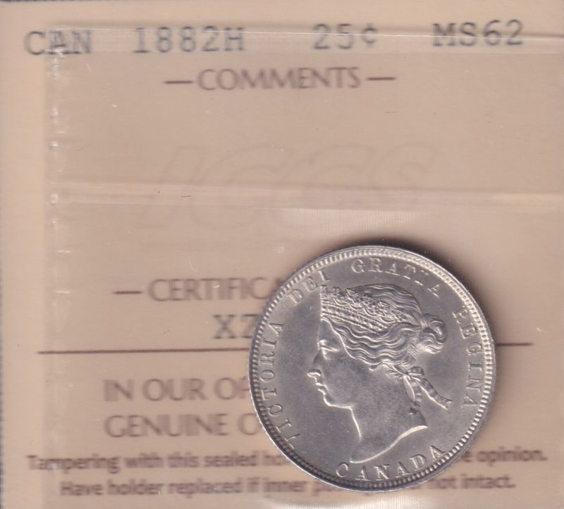 1882 H – MS 62 – ICCS – 25 Cents Argent Sterling .925 Monnaies Canada