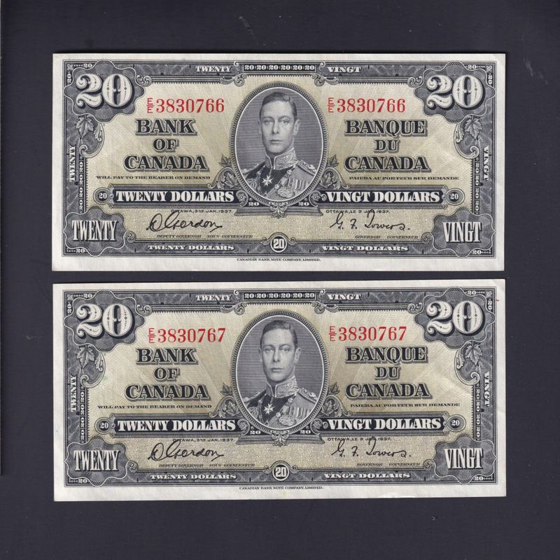1937 Canada 20 Dollars Gordon Towers E/E AU 2 Consécutifs