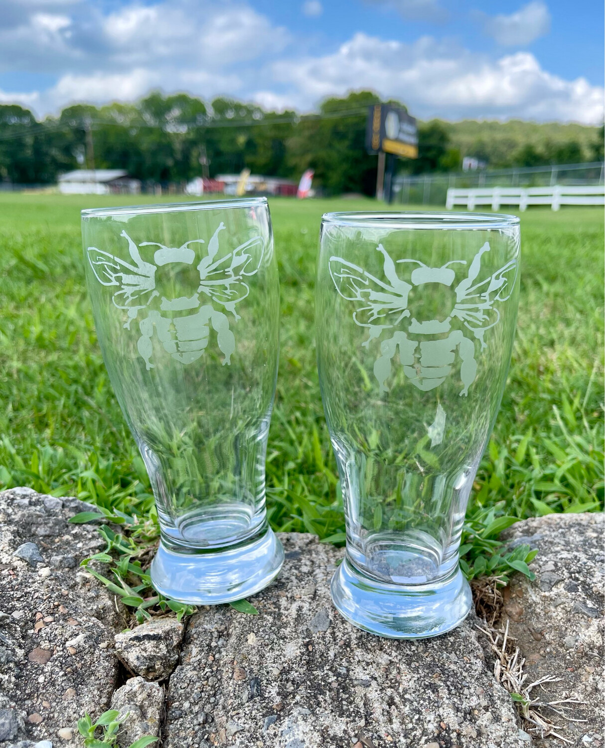 Hand Etched Honey Bee Pilsner Pint Glasses - Set of 2