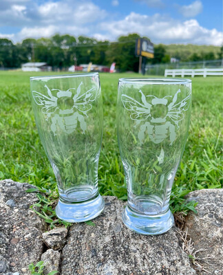 Hand Etched Honey Bee Pilsner Pint Glasses - Set of 2