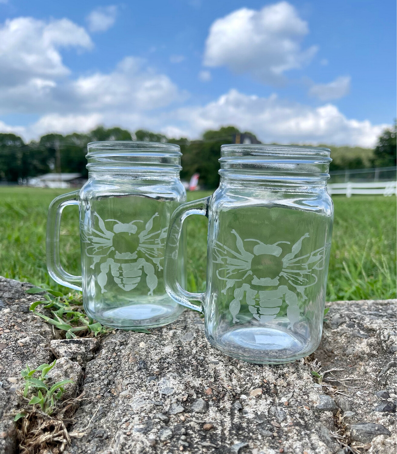 Hand Etched Honey Bee Glass Mugs - Set of 2