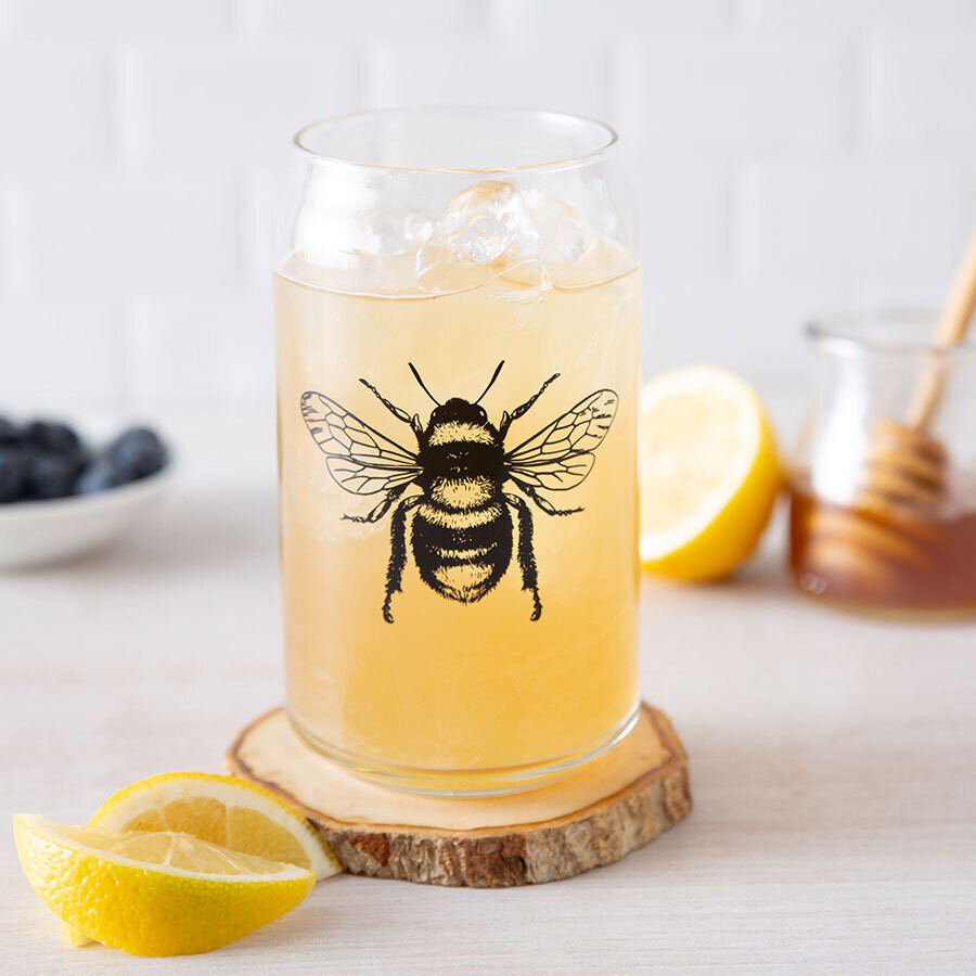 Honey Bee Can Glass with Bamboo Lid &amp; Straw