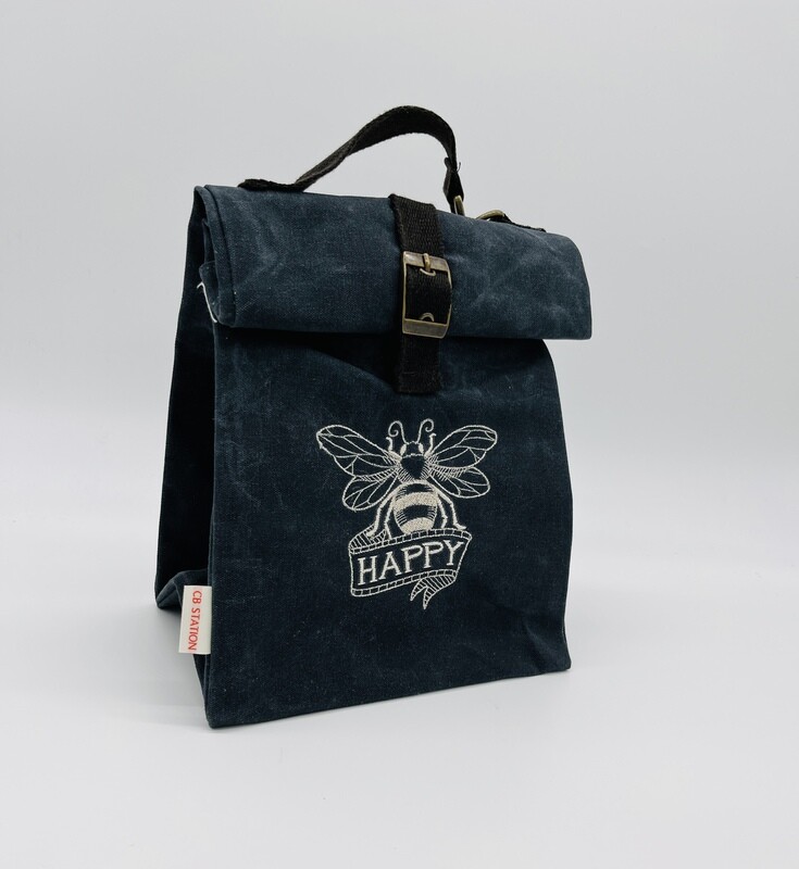 &quot;Bee Happy&quot; Waxed Canvas Insulated Lunch Sack