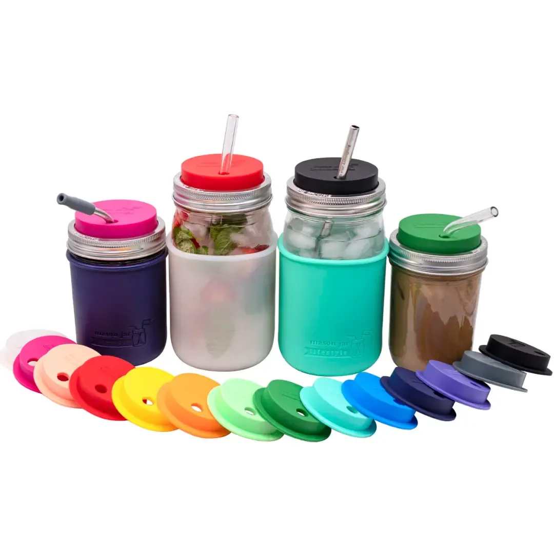 Silicone Straw Hole Lid w/ Stainless Steel Band For Jars
