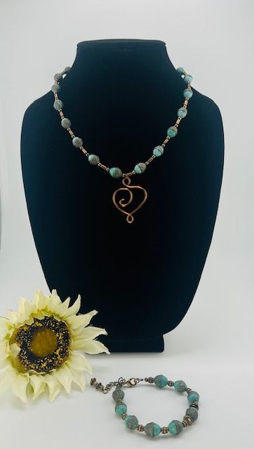 Retro Aqua &amp; Antique Bronze Beaded Necklace with Handmade Copper Heart – Hypoallergenic Sterling Silver Wire
