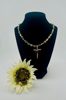 Jade Marbleized Glass Bead Necklace with Gold Wire Cross &amp; 14K Gold-Plated Heart Charm