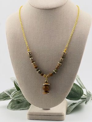 Neutral Elegance Artisan Necklace – Swirled Green, Caramel &amp; Opaque Glass Beads with Retro Vintage Pendant on 26&quot; Gold Chain