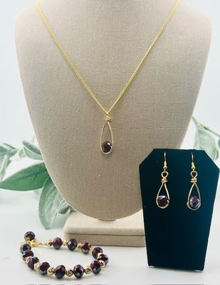Tear Drop Set - Garnet Necklace, Earrings and Bracelet
