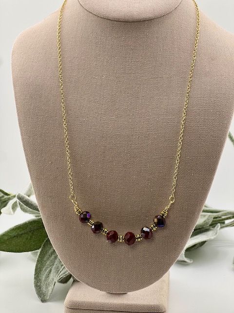 Lilly Design Necklace – Garnet Czech Diamond-Cut Glass Beads with Antique Gold on 24&quot; Gold-Plated Chain
