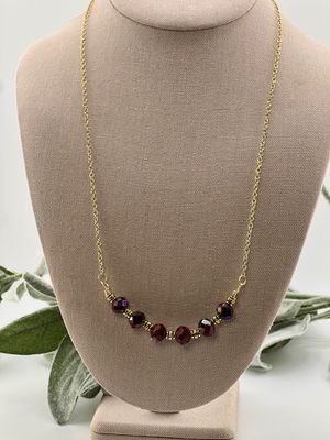 Lilly Design Necklace – Garnet Czech Diamond-Cut Glass Beads with Antique Gold on 24&quot; Gold-Plated Chain