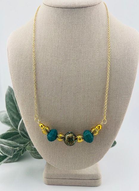 Lilly Design Necklace – One-of-a-Kind Antique Aqua &amp; Gold Retro Bead Pendant on 24&quot; Tarnish-Resistant Chain