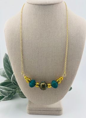 Lilly Design Necklace – One-of-a-Kind Antique Aqua &amp; Gold Retro Bead Pendant on 24&quot; Tarnish-Resistant Chain