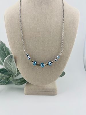Lilly Design Necklace – Silver-Plated Chain with Blue Diamond-Cut Crystal &amp; Antique Silver Beads (24&quot;)