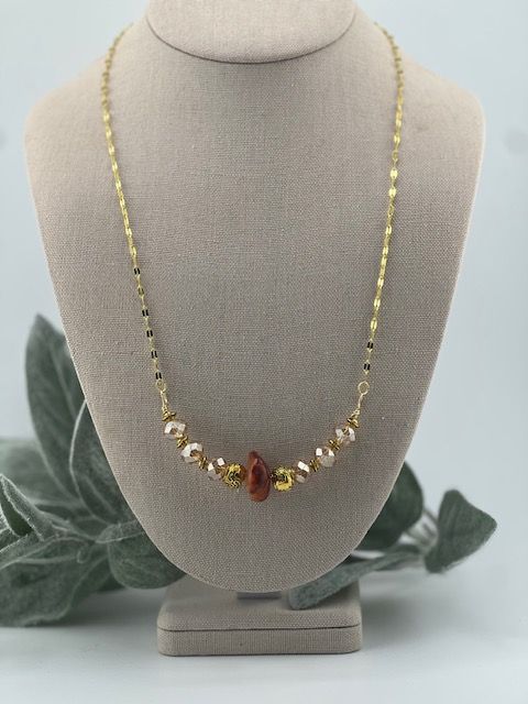 Lilly Design Necklace – Champagne Diamond-Cut Beads with Antique Gold &amp; Marbleized Stone Accent on 24&quot; Gold Chain