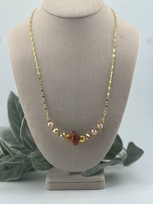 Lilly Design Necklace – Champagne Diamond-Cut Beads with Antique Gold &amp; Marbleized Stone Accent on 24&quot; Gold Chain