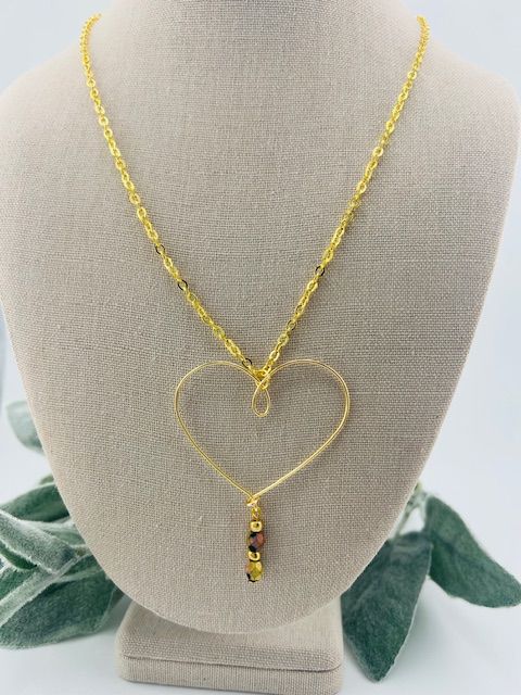Extended Heart Pendant Necklace – Gold Wire Heart with Brushed Gold Beads on 27” 18K Gold Triple-Dipped Chain