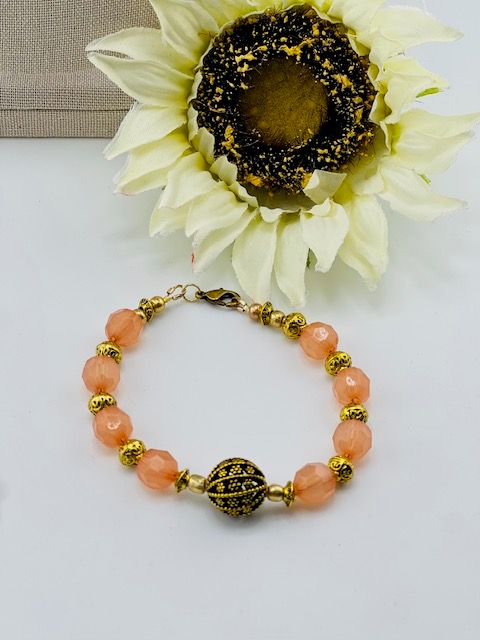 Vintage Peach Glass &amp; Gold Filigree Bead Bracelet – Handmade, Adjustable, Sterling Silver Wire