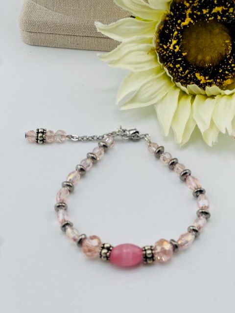 Camila Bracelet – Pink Crystal Beads with Antique Silver Accents on Adjustable Sterling Silver Wire