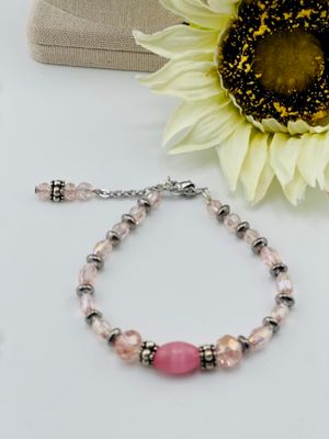 Camila Bracelet – Pink Crystal Beads with Antique Silver Accents on Adjustable Sterling Silver Wire