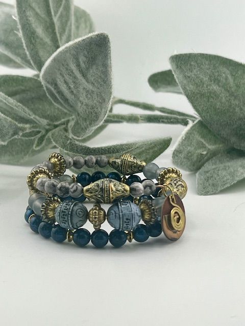 Vintage Meets Modern Blue Spiral Bracelet – One-of-a-Kind Beaded Wrap with Antique Gold &amp; Blue Beads