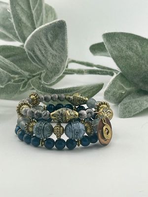Vintage Meets Modern Blue Spiral Bracelet – One-of-a-Kind Beaded Wrap with Antique Gold &amp; Blue Beads