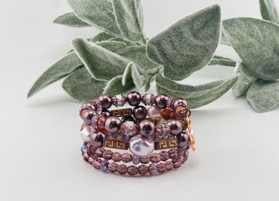 Simply Mauvelous Spiral Bracelet – One-of-a-Kind Mauve, Lavender &amp; Amber Beaded Wrap with Copper Spiral Charm
