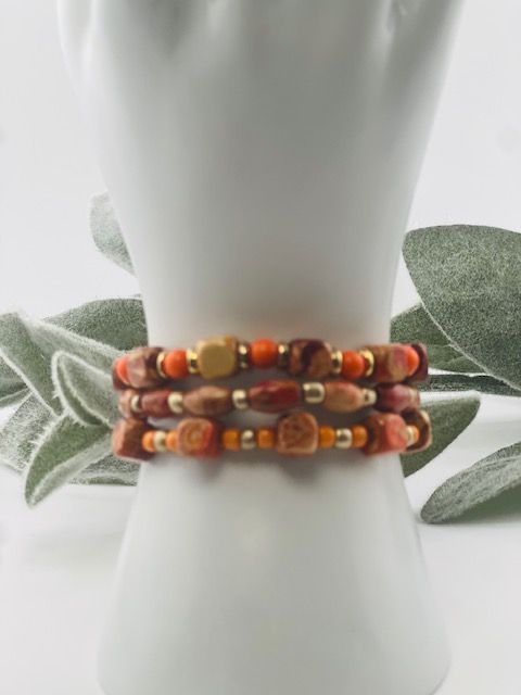 Boho Stretch Bracelet Set – Neutral &amp; Orange Wooden Beads with Gold Accents