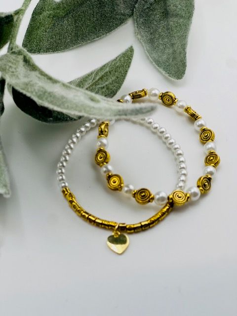Glass Pearl &amp; Gold-Plated Bead Stretch Bracelet Set with 14K Gold-Plated Heart Charm