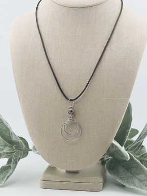 Harper Triple Circle Pendant – Silver Wire with Black Shimmer Vintage Bead on 20&quot; Vegan Leather Cord