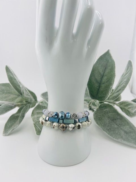 Triple-Layer Blue &amp; Silver Beaded Bracelet Set – Glass, Crystal, and Ornate Metal Beads