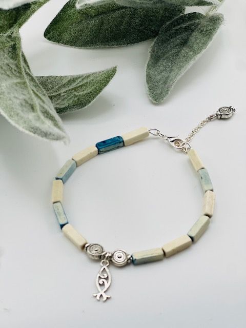 Driftwood Blue Summer Bracelet – Distressed Blue Beads with Antique Silver Spirals &amp; Fish Charm, Adjustable Fit
