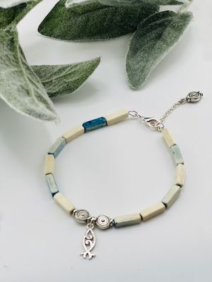 Driftwood Blue Summer Bracelet – Distressed Blue Beads with Antique Silver Spirals &amp; Fish Charm, Adjustable Fit