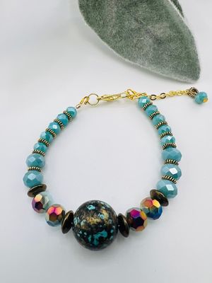 Camila Bracelet – Vintage Aqua Diamond-Cut Glass Beads with Antique Gold Accents on Sterling Silver Wire