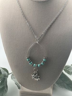 Aqua &amp; Silver Teardrop Summer Necklace – Ocean-Inspired Pendant with Starfish, Turtle &amp; Ship Wheel Charms on 21&quot; Chain