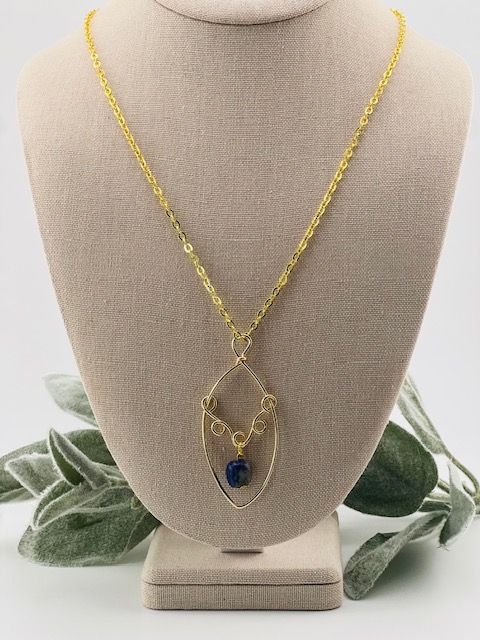 Boho Teardrop Blue Swirl Pendant Necklace – Handcrafted Gold Wire with Marbled Blue Stone