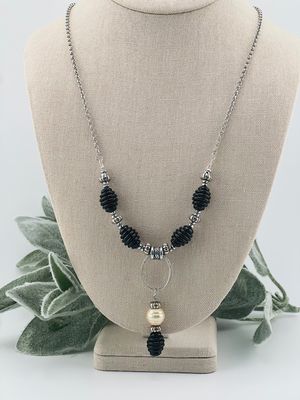 Vintage Black &amp; Silver Beaded Necklace – Handcrafted Pendant with Spiral Beads, Pearl Accent &amp; 30&quot; Tarnish-Resistant Chain