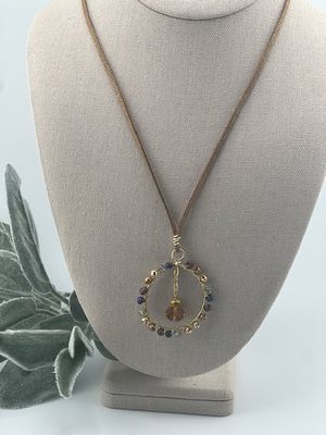 Boho Circle Pendant Necklace – Hand-Wrapped Multicolor Beads with Amber Glass Drop on Gold Leather Cord