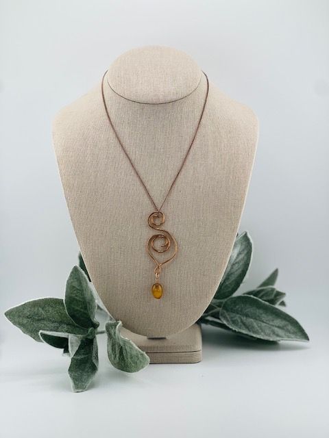 Handmade Copper Heart Necklace with Amber Glass Bead – 18&quot; Hypoallergenic Tarnish-Resistant Chain