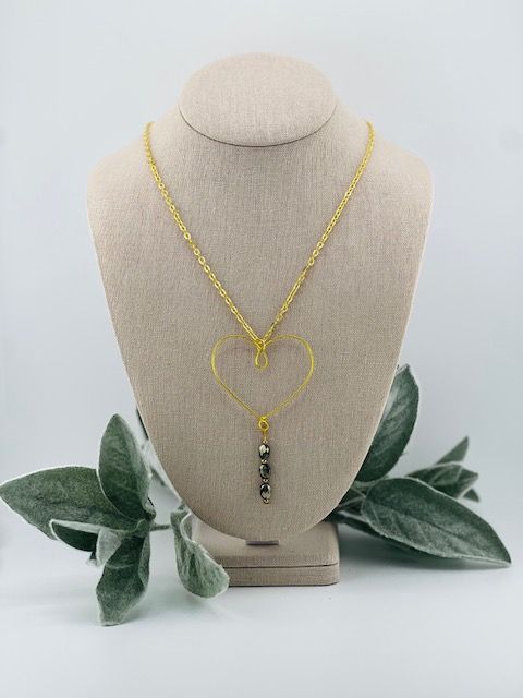 Extended Heart Pendant Necklace – Gold Wire Heart with Black Diamond-Cut Beads on 27” 18K Gold Chain