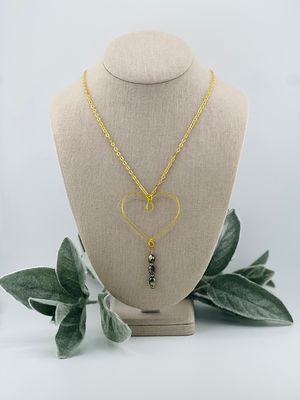 Extended Heart Pendant Necklace – Gold Wire Heart with Black Diamond-Cut Beads on 27” 18K Gold Chain