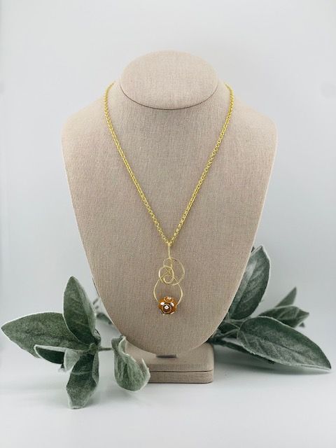 Amber Swirl Pendant Necklace – Handcrafted Gold Wire Pendant on 18K Gold-Coated Chain